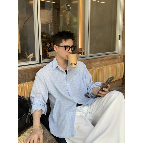 PLTH*极简通勤蓝色长袖衬衫男女秋季肌理感薄款休闲慵懒百搭衬衣