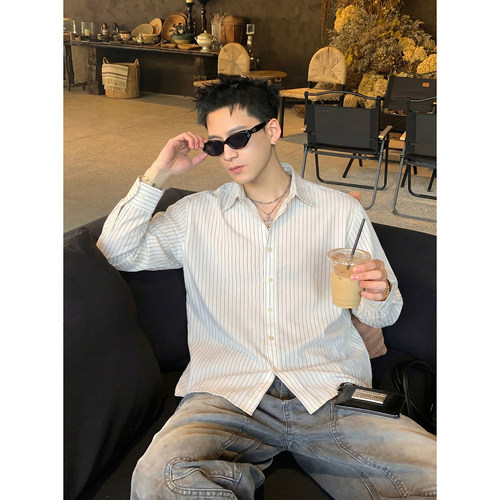 PLTH*美式复古细条纹衬衫男宽松休闲长袖衬衣日系cityboy风上衣