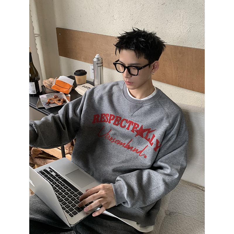 PLTH*美式复古撞色字母印花长袖卫衣男秋季宽松百搭中性风上衣潮