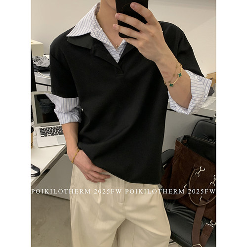 PLTH*美式学院风假两件条纹衬衫拼接POLO衫男春季慵懒感长袖卫衣