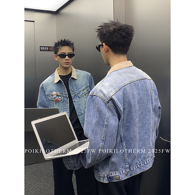 PLTH*美式复古灯芯绒撞色翻领夹克徽章水洗牛仔外套工装情侣夹克