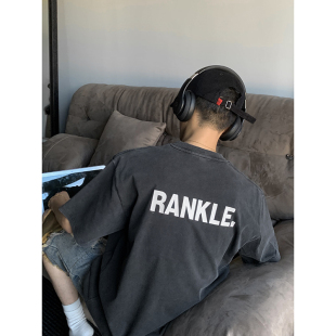 潮 重磅纯棉圆领T恤男小领口后背大字母原创印花宽松半袖 PLTH 美式