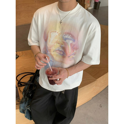 PLTH*韩式艺术感渐变晕染人像标语印花T恤男女落肩宽松显瘦半袖潮
