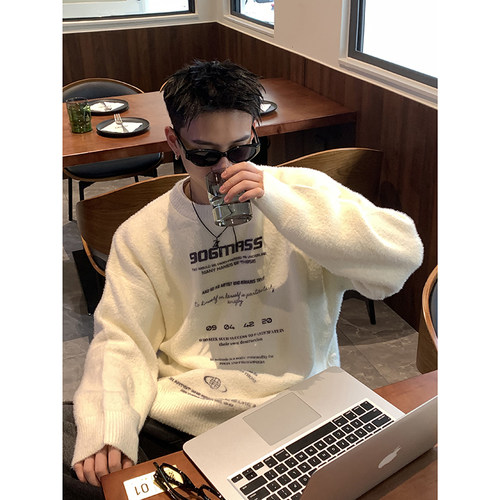 PLTH*美式高街重磅海水貂毛毛衣男慵懒风高级感复古宽松针织衫冬