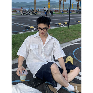 衬衫 PLTH 五分袖 海边简约线条格子短袖 休闲宽松外套度假上衣 夏季