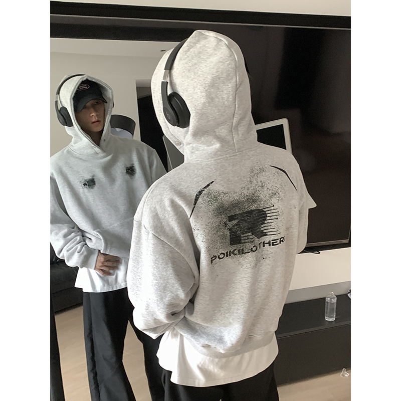 PLTH*赛车元素冬季加绒抗寒内里羊羔绒连帽金属防风扣连帽卫衣男