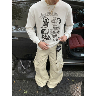 满印涂鸦印花上衣2026新款 PLTH T恤男春季 复古华夫格长袖 潮牌 美式