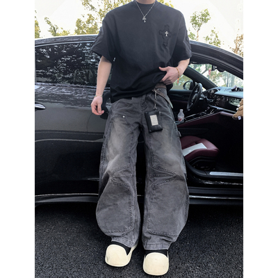 PLTH*美式复古做旧星型拼接阔腿牛仔裤男宽松直筒高街休闲长裤潮