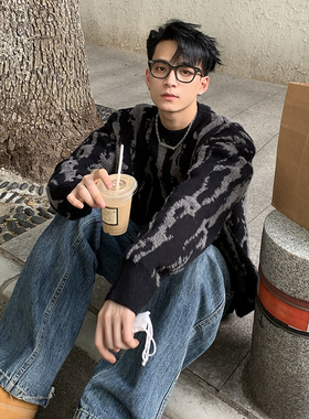 PLTH*秋冬潮牌街头撞色慵懒风粗毛线针织韩系上衣男加厚百搭毛衣