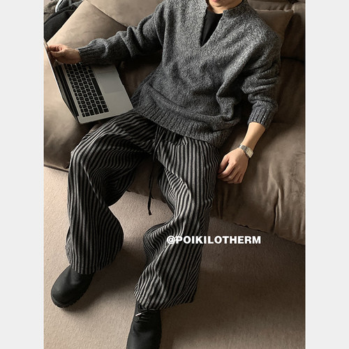 PLTH*美式复古条纹慵懒宽松垂感休闲阔腿裤男女直筒高级感拖地裤