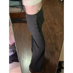 设计感显瘦阔腿裤 大码 女秋冬季 复古屁帘假两件高腰休闲裤 胖mm美式