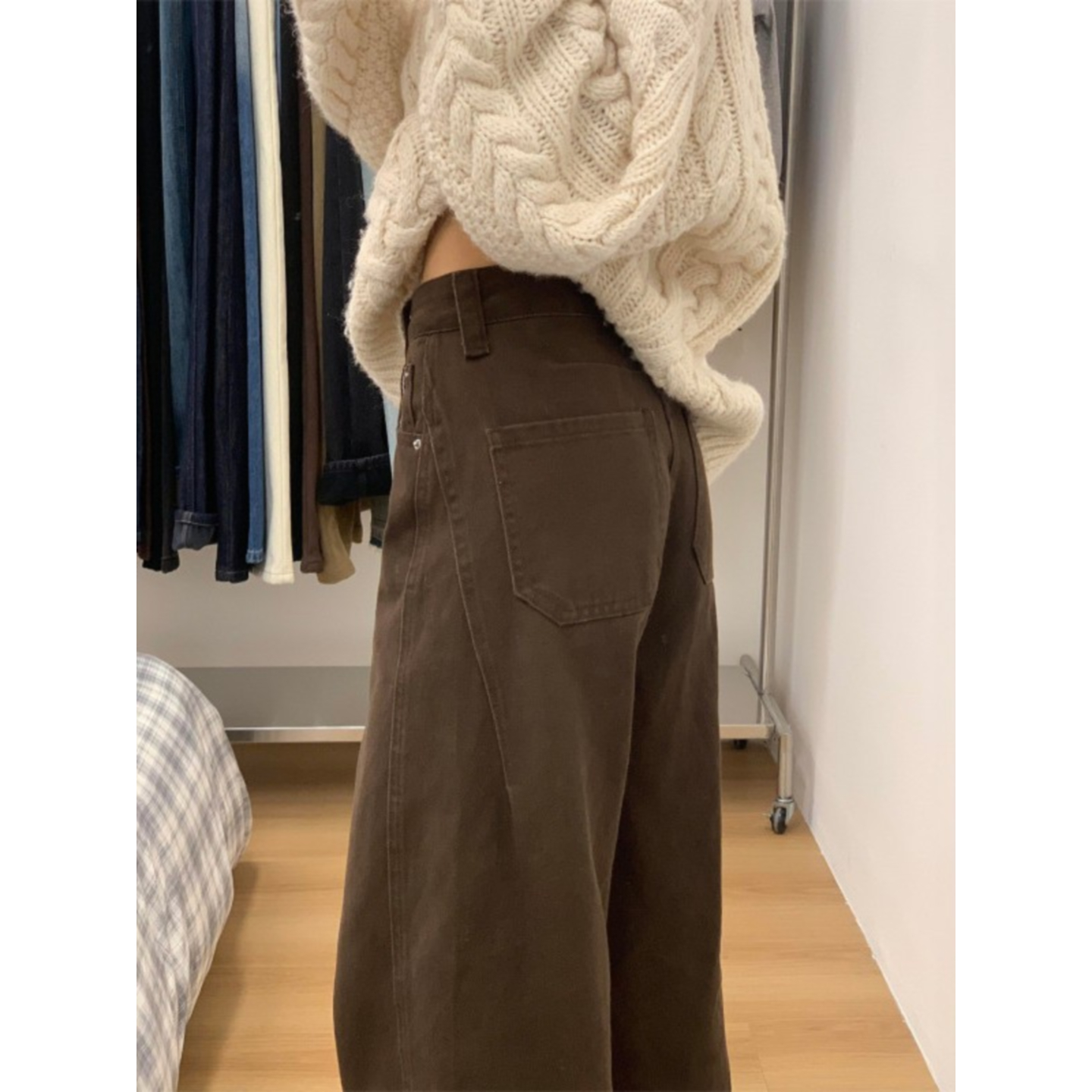 大码美式复古棕色弯刀牛仔裤女