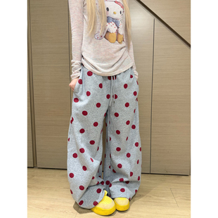 日系街头原宿风波点满印阔腿卫裤女春秋季宽松休闲松紧腰直筒裤