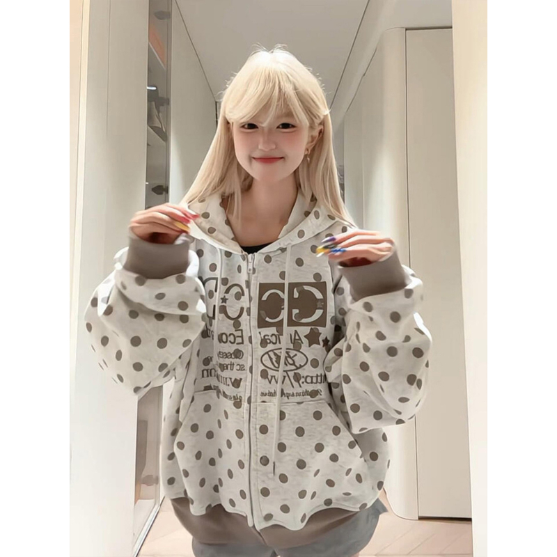 大码美式复古波点字母连帽卫衣女