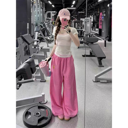 大码韩系慵懒风粉色波点休闲裤女
