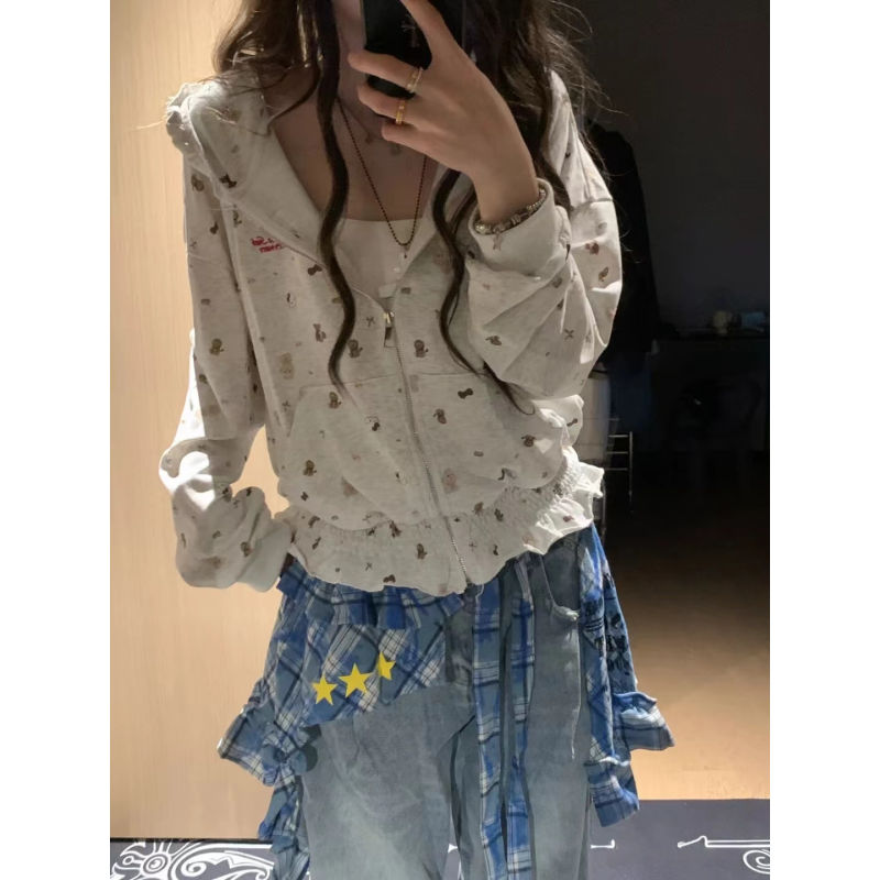 大码美式复古满印束腰连帽卫衣女