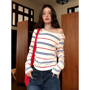 设计感修身 t恤女秋季 显瘦露肩上衣 胖mm韩系米白条纹斜肩长袖 大码