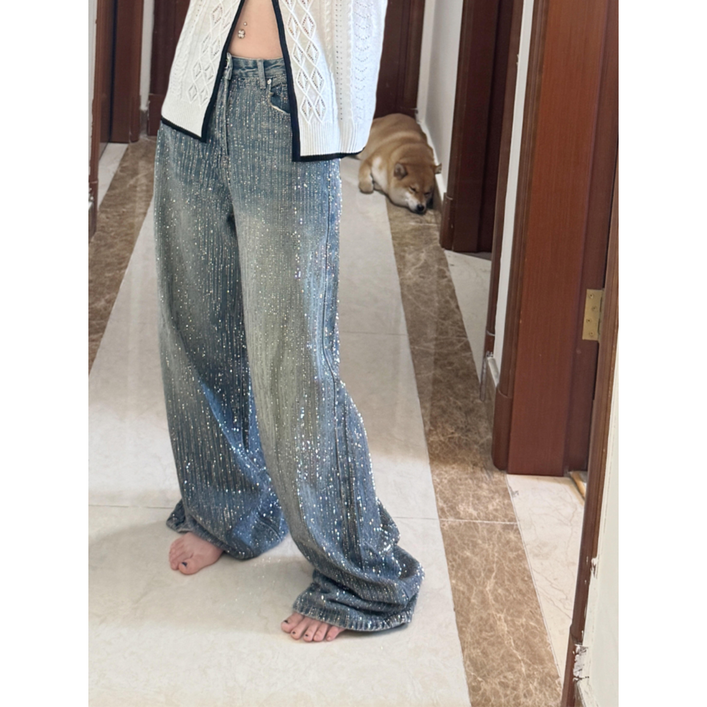 大码美式复古烫钻直筒牛仔裤女