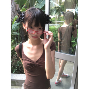 大码胖mm韩系纯欲简约风V领扭结短袖T恤女夏季修身巨好穿绝美上衣