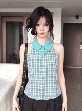 韩系甜美娃娃领蓝绿色格纹无袖背心女夏季纯欲外穿宽松小个子上衣