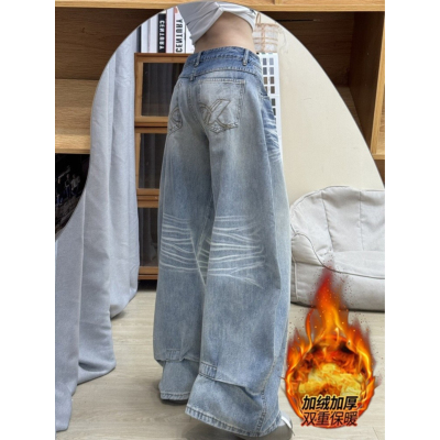 大码加绒加厚美式高街弯刀牛仔裤