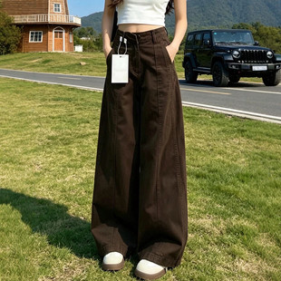 美拉德复古棕色弯刀牛仔裤女2026秋季新款高腰宽松阔腿拖地长裤子