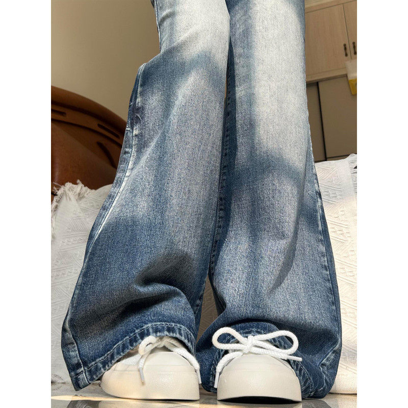 大码美式复古水洗微喇牛仔裤女