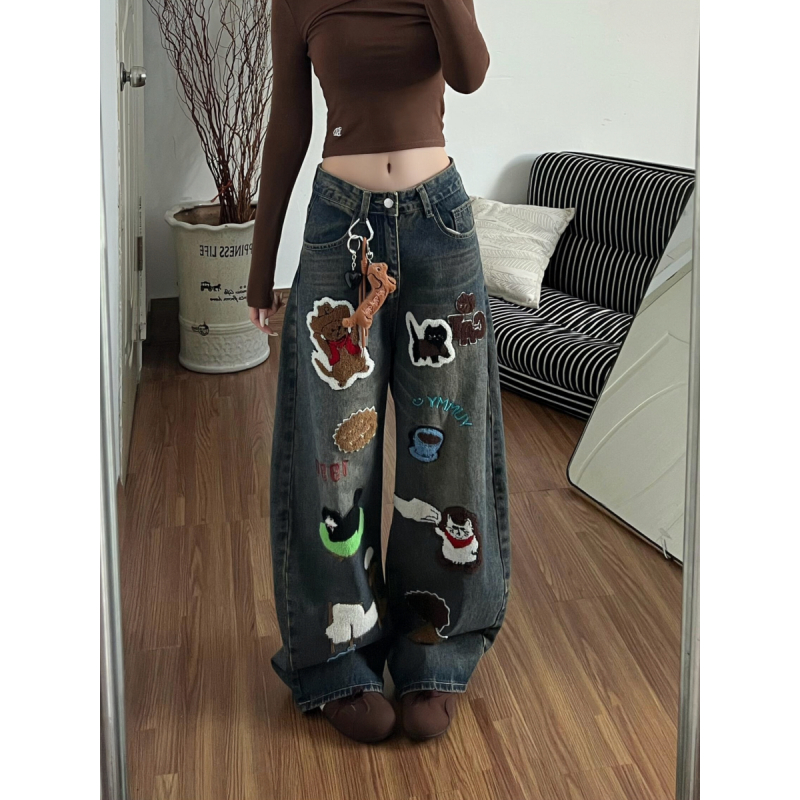 大码美式复古贴布刺绣弯刀牛仔裤
