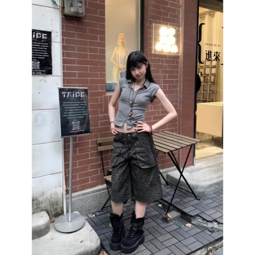 大码美式复古豹纹工装牛仔短裤女