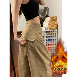 大码胖mm加绒加厚美式复古工装牛仔裤女秋冬高腰弯刀宽松阔腿裤子