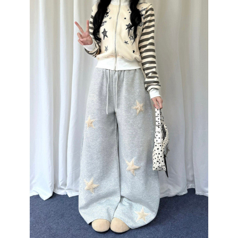 大码胖mm美式复古星星刺绣休闲卫裤女春季宽松显瘦慵懒阔腿拖地裤,女装/女士精品,大码裤装,淘宝优惠券,粉丝福利购,淘宝优惠卷