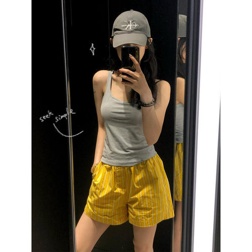 大码美式复古黄色条纹短裤女运动