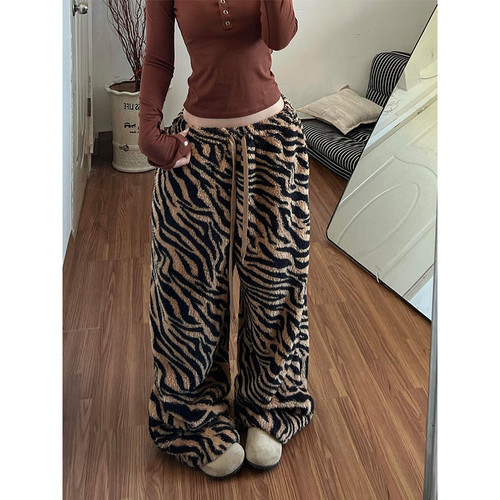 大码美式复古斑马纹加绒休闲裤女