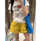 胖mm美式 复古黄色条纹休闲宽松短裤 女夏季 大码 百搭松紧高腰阔腿裤