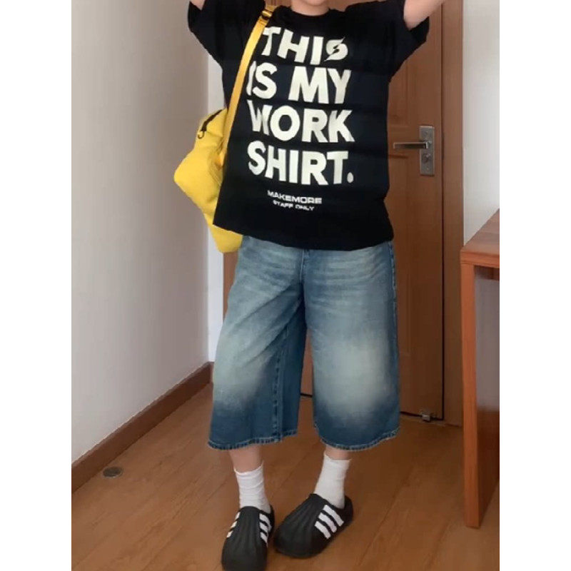 大码胖mm美式复古水洗做旧七分牛仔裤女春夏季高腰宽松百搭阔腿裤