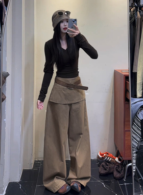 大码胖mm美式复古卡其色屁帘弯刀牛仔裤女秋季辣妹假两件阔腿长裤