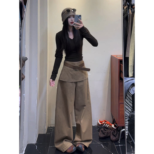 大码胖mm美式复古卡其色屁帘弯刀牛仔裤女秋季辣妹假两件阔腿长裤