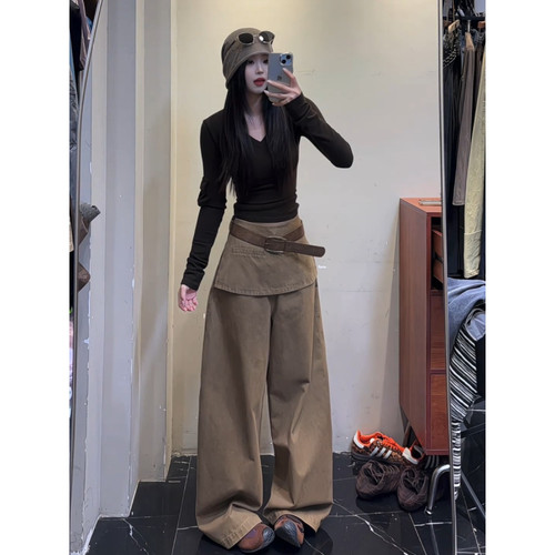 大码美式卡其色屁帘弯刀牛仔裤女