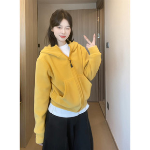 大码 复古黄色奥粒绒连帽卫衣女秋冬设计感宽松百搭外套潮 胖mm美式