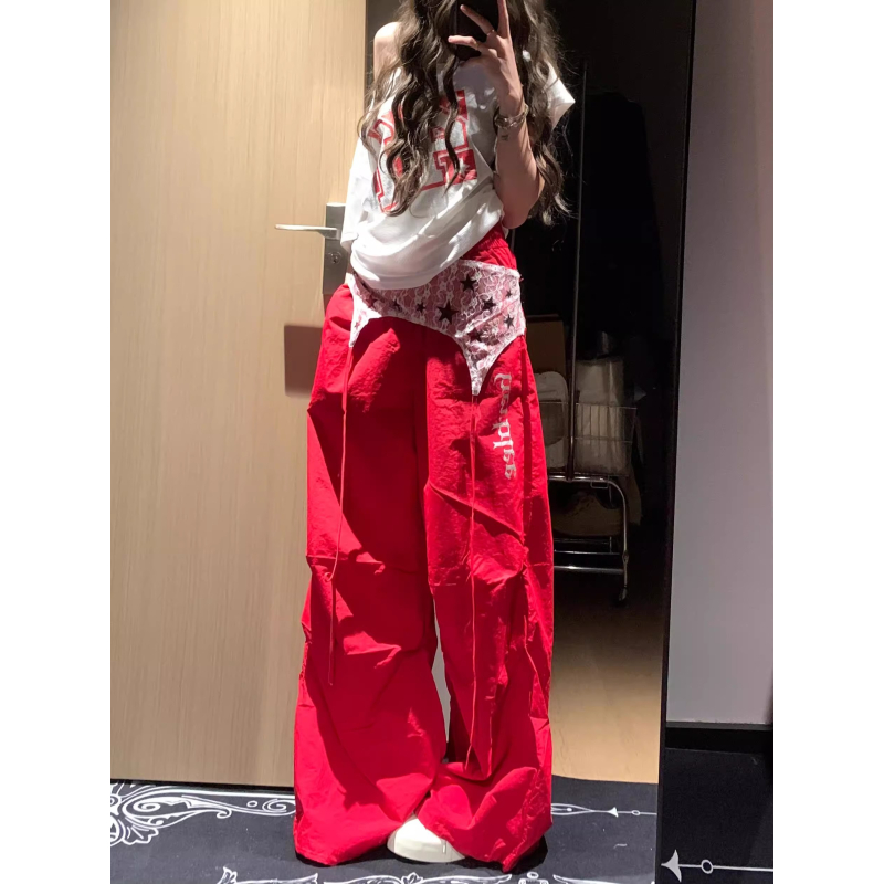 大码美式复古褶皱红色工装裤女