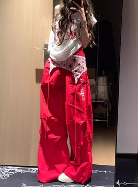 大码胖mm美式复古褶皱红色工装裤女夏季慵懒垂感宽松阔腿拖地长裤