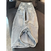 大码 女秋冬设计感小众高腰宽松阔腿裤 胖mm美式 复古字母印花牛仔裤