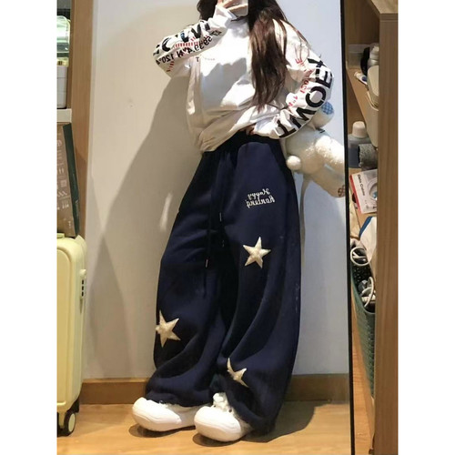 大码美式复古星星刺绣休闲运动裤