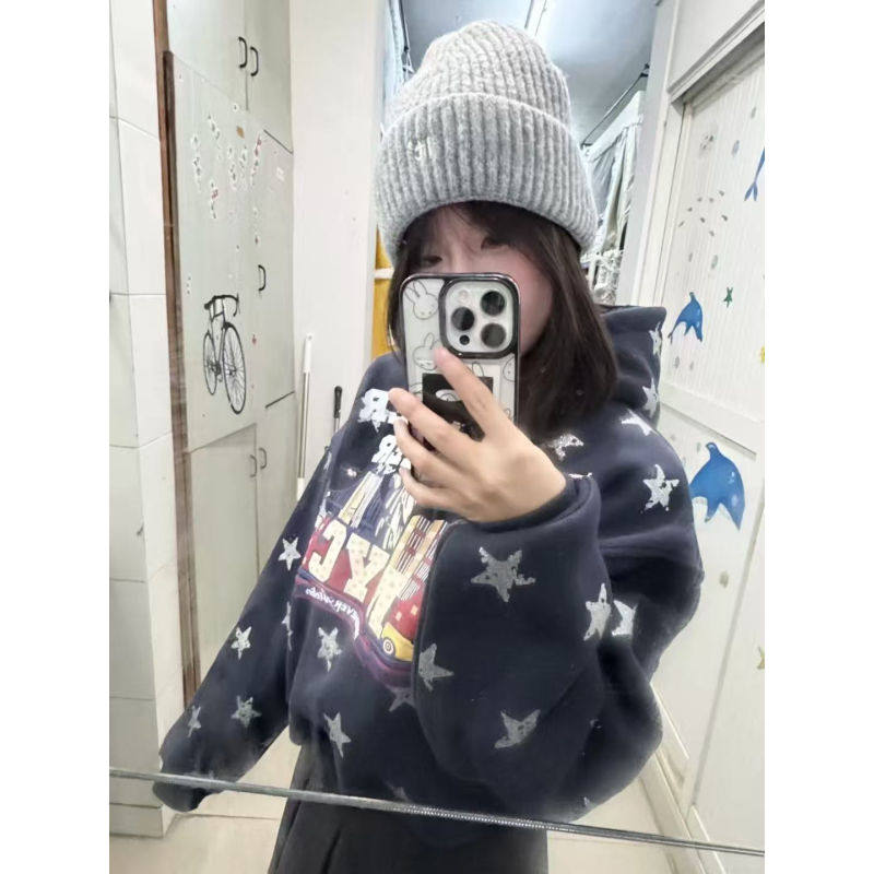 大码美式复古星星满印连帽卫衣女