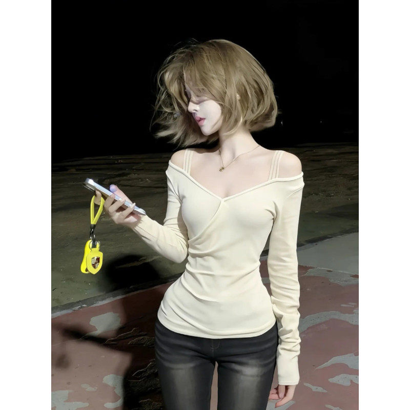 大码胖mm纯欲风一字肩吊带长袖t恤女春季高级感修身露肩辣妹上衣,女装/女士精品,大码内搭,淘宝优惠券,粉丝福利购,淘宝优惠卷