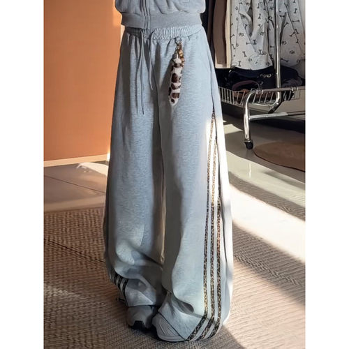 大码美式复古豹纹拼接加绒卫裤女