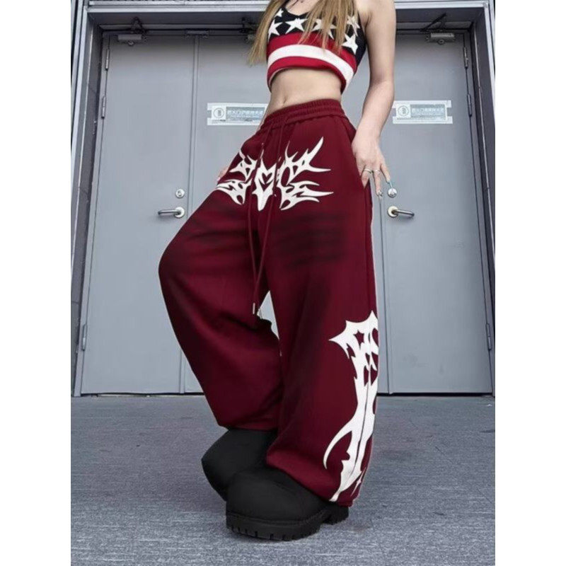 大码胖mm美式做旧图腾印花弯刀阔腿裤女秋冬设计感宽松百搭休闲裤,女装/女士精品,大码裤装,淘宝优惠券,粉丝福利购,淘宝优惠卷