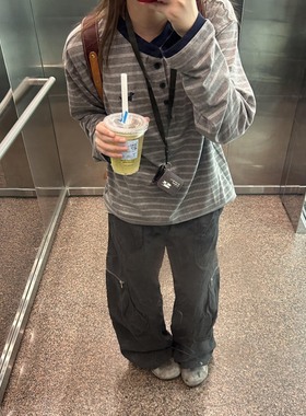 大码胖mm美式复古小狗刺绣长袖t恤女秋季撞色条纹宽松百搭上衣潮