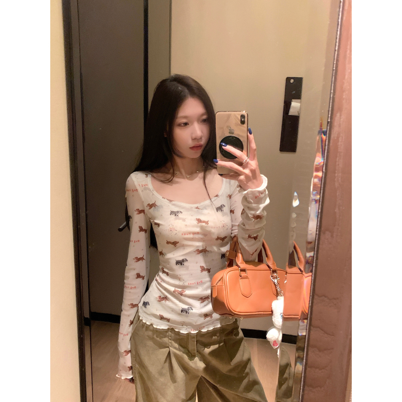 大码美式趣味小狗印花长袖T恤女