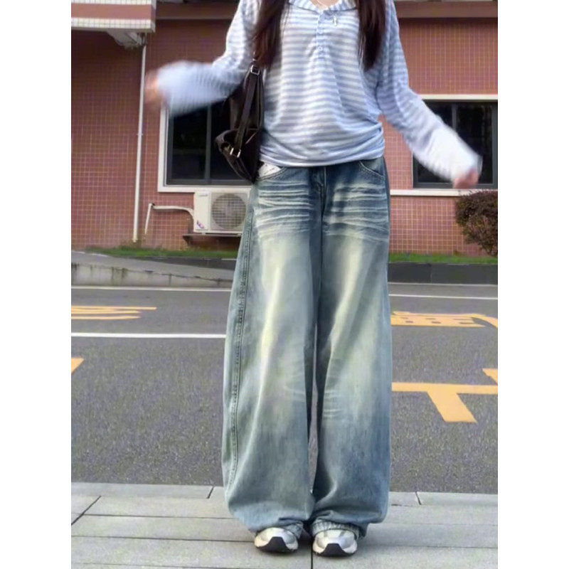 大码胖mm美式复古水洗弯刀牛仔裤女春季设计感低腰显瘦阔腿拖地裤,女装/女士精品,大码裤装,淘宝优惠券,粉丝福利购,淘宝优惠卷
